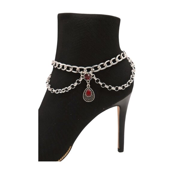 Women Silver Metal Boot Chain Bracelet Shoe Anklet Ethnic Drop Charm Red 2PCS - Picture 4 of 17
